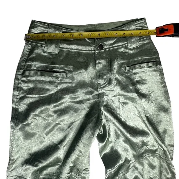 NEW Free People Ryder Pants Metallic Silver Satin Moto Crop Vegan Shiny Green 0 - Picture 8 of 13